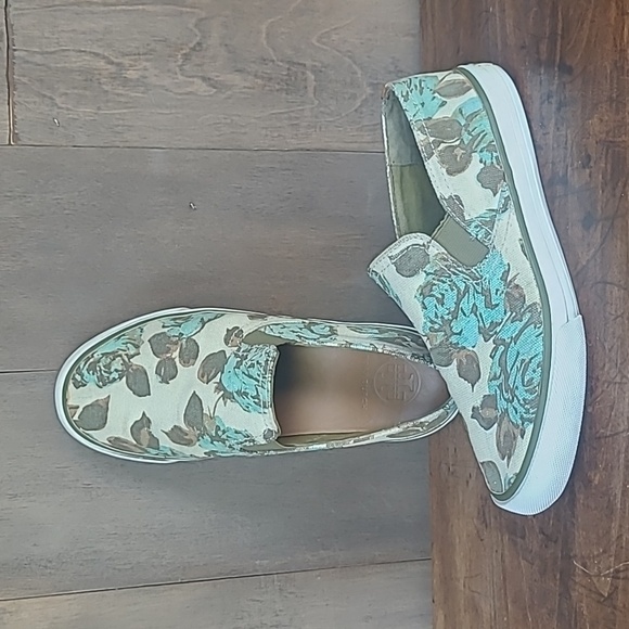 Tory Burch Sneakers Women's sz 6 Green/Cream Floral Slip On Canvas Sneaker - Picture 1 of 12